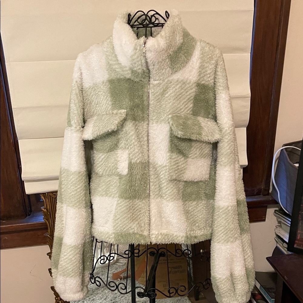 Le Lis Green and White Teddy Jacket